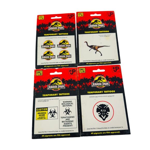4 Jurassic Park Temporary Dinosaur Tattoos Lot Logo Biohazard Triceratops Skull - Picture 1 of 13